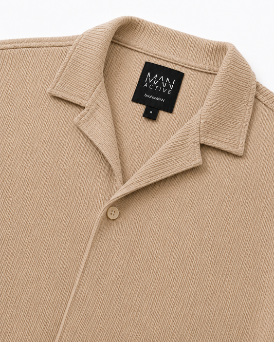 Men's Soft Thermal Cuban Collar Beige Shirt | Textured Relaxed Fit