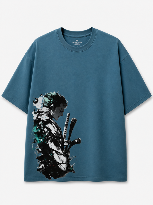 Men’s Oversized Drop Shoulder Cotton T-Shirt | Blue Anime Warrior Graphic Tee
