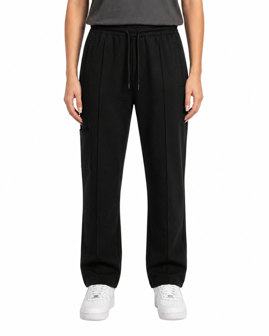 Women's Black Woven Terry Straight Fit Stretchable Trouser