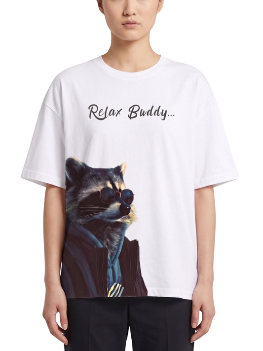 Women's Oversized Drop Shoulder Cotton T Shirt | Relax Buddy Raccoon