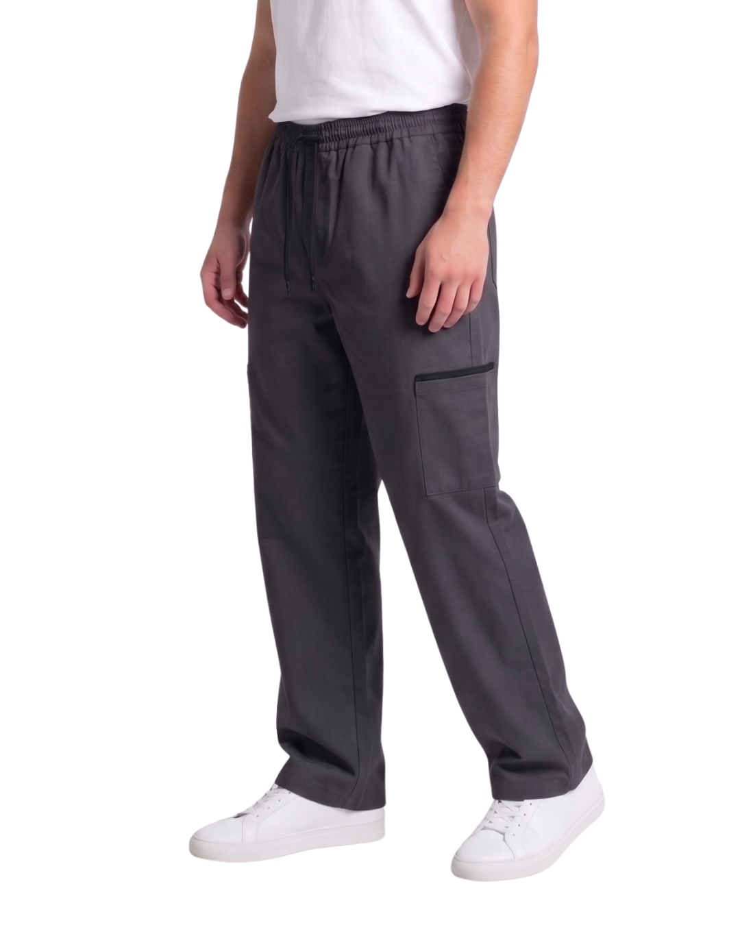 Men's Charcoal Grey Canvas Wide-Leg Cargo Trousers