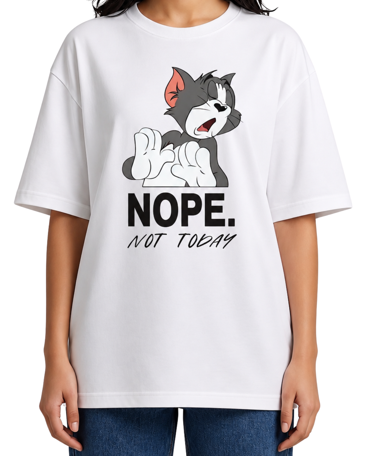 Women's Oversized Drop Shoulder Cotton T Shirt | Nope Not Today Cat
