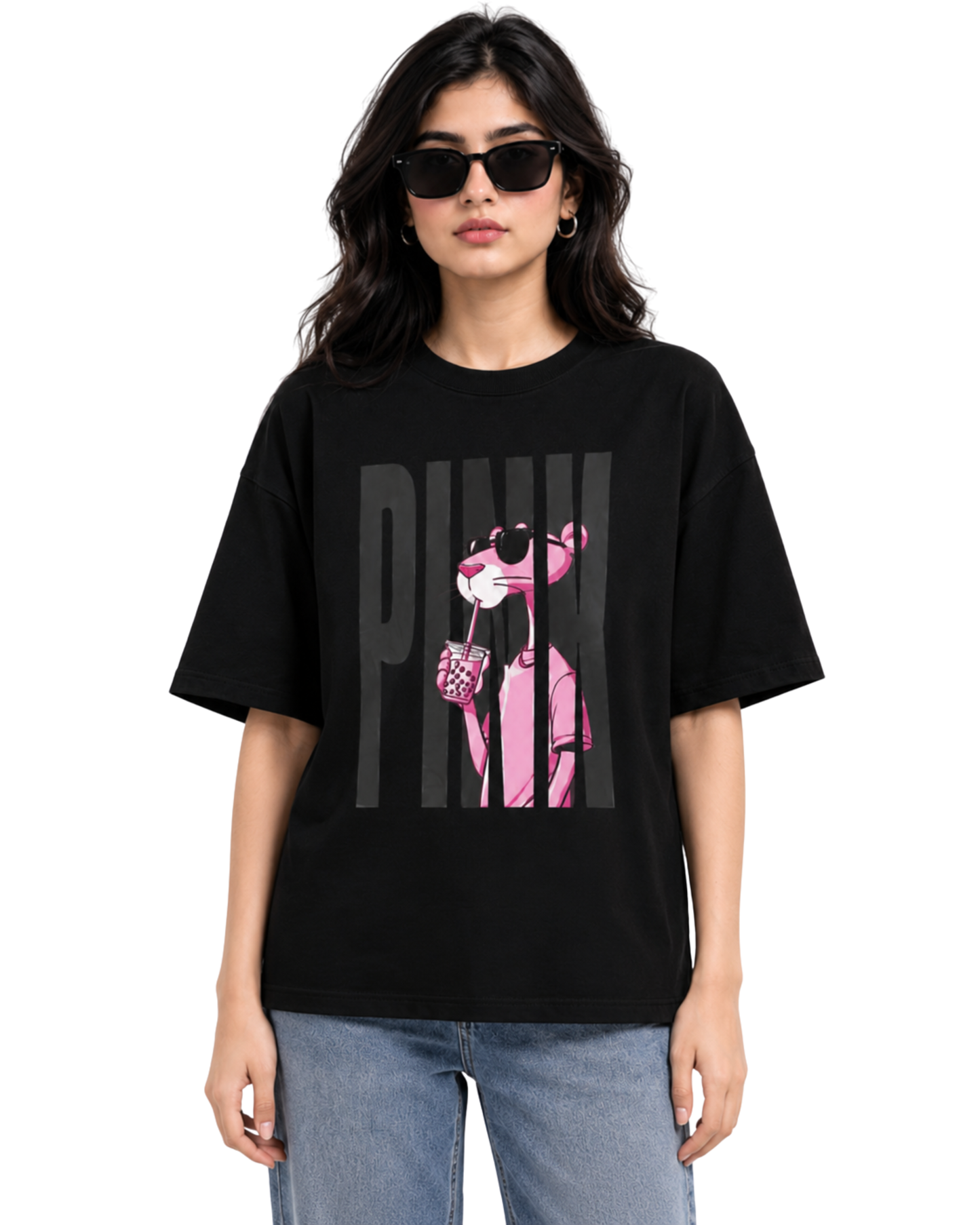 Women's Oversized Drop Shoulder Cotton T Shirt | Pink Panther