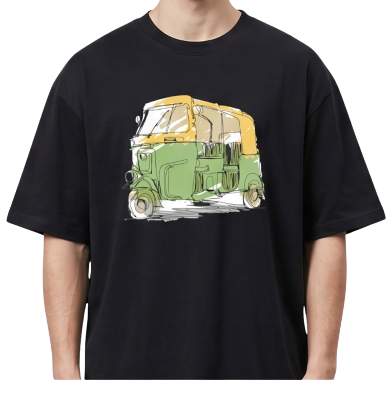 Men's Oversized Drop Shoulder Cotton T Shirt | Vintage Rickshaw Sketch