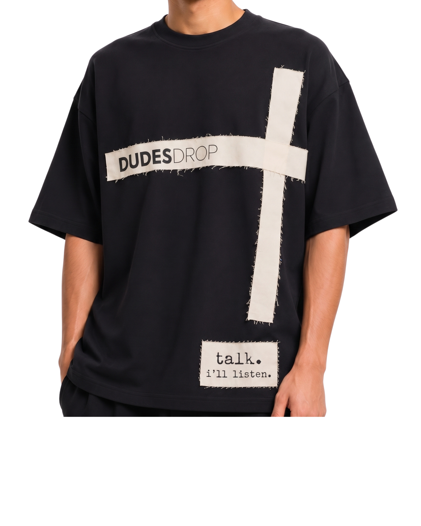 Men's Oversized Cross Patch Graphic Black T-Shirt