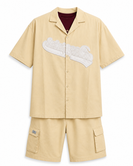 Men's Relaxed Fit Cuban Collar Shirt & Cargo Shorts Co-Ord Set Beige