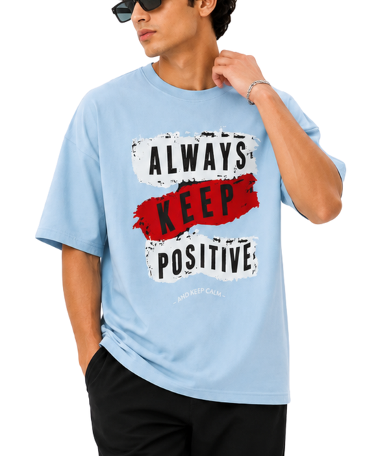 Men’s Oversized Drop Shoulder Cotton T-Shirt | Light Blue Keep Positive
