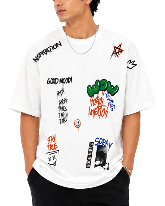 Men’s Oversized Drop Shoulder Cotton T-Shirt | Graffiti Streetwear White