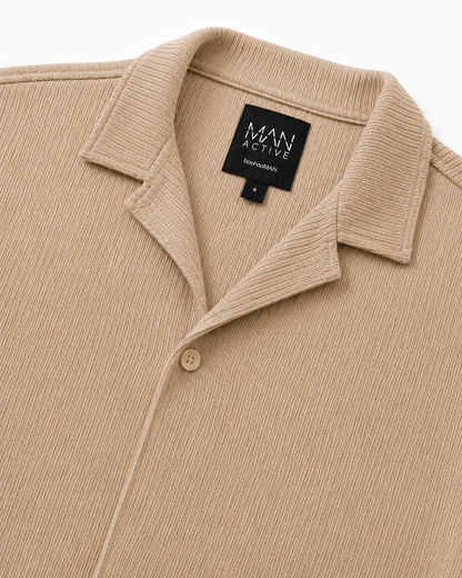 Men's Soft Thermal Cuban Collar Beige Shirt | Textured Relaxed Fit