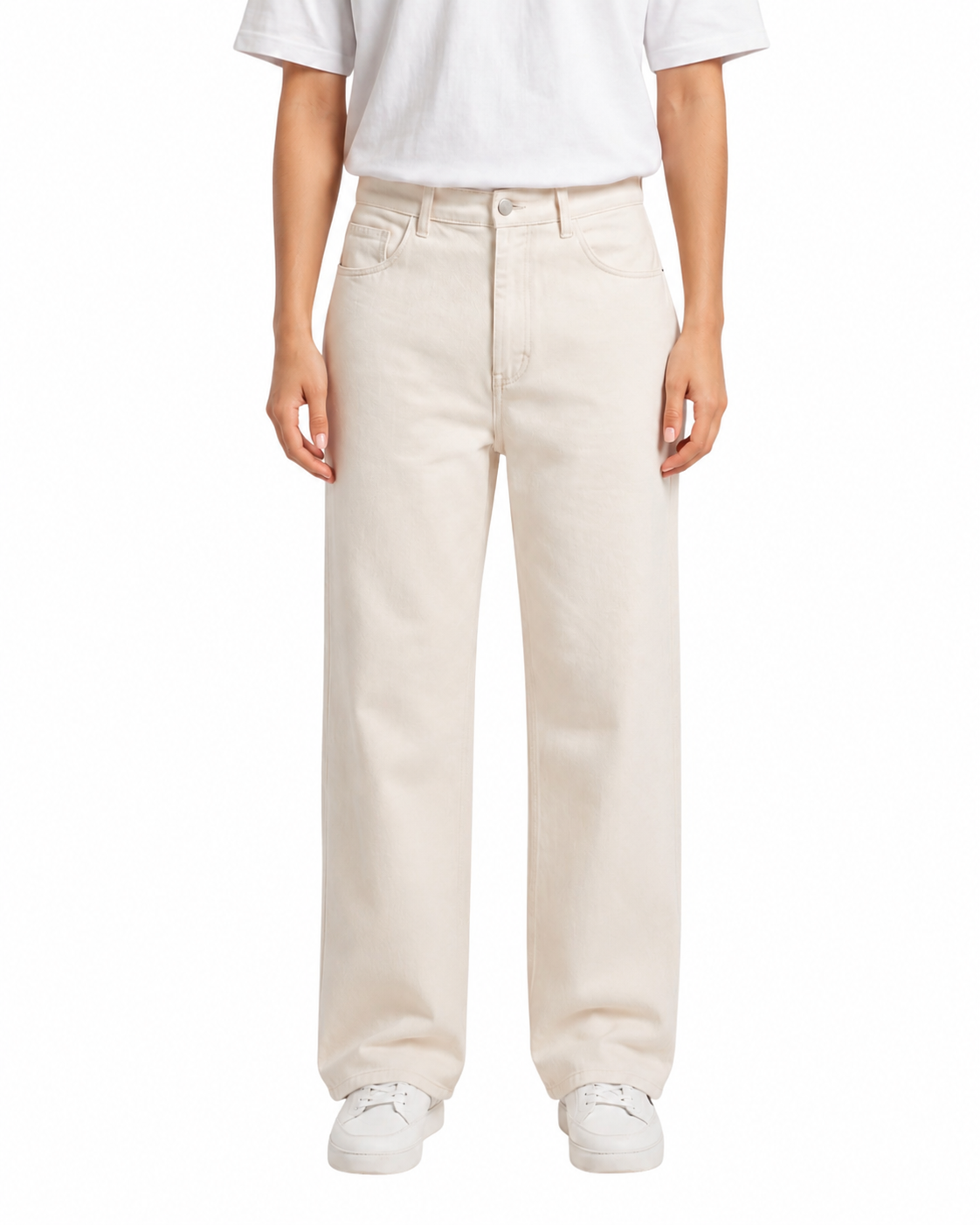 Women's Off White Twill Wide Leg Beggy Pant