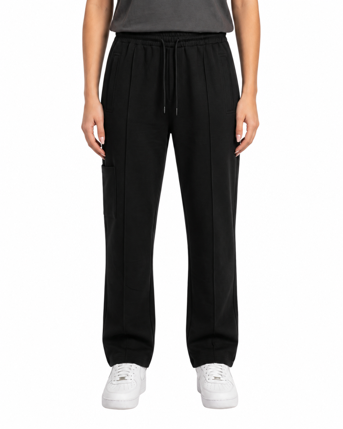 Women's Black Woven Terry Straight Fit  Stretchable Trouser
