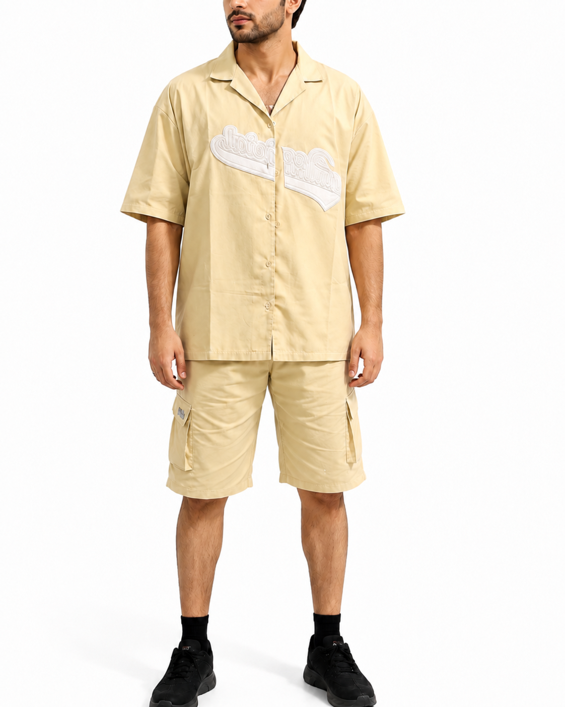 Men's Relaxed Fit Cuban Collar Shirt & Cargo Shorts Co-Ord Set Beige