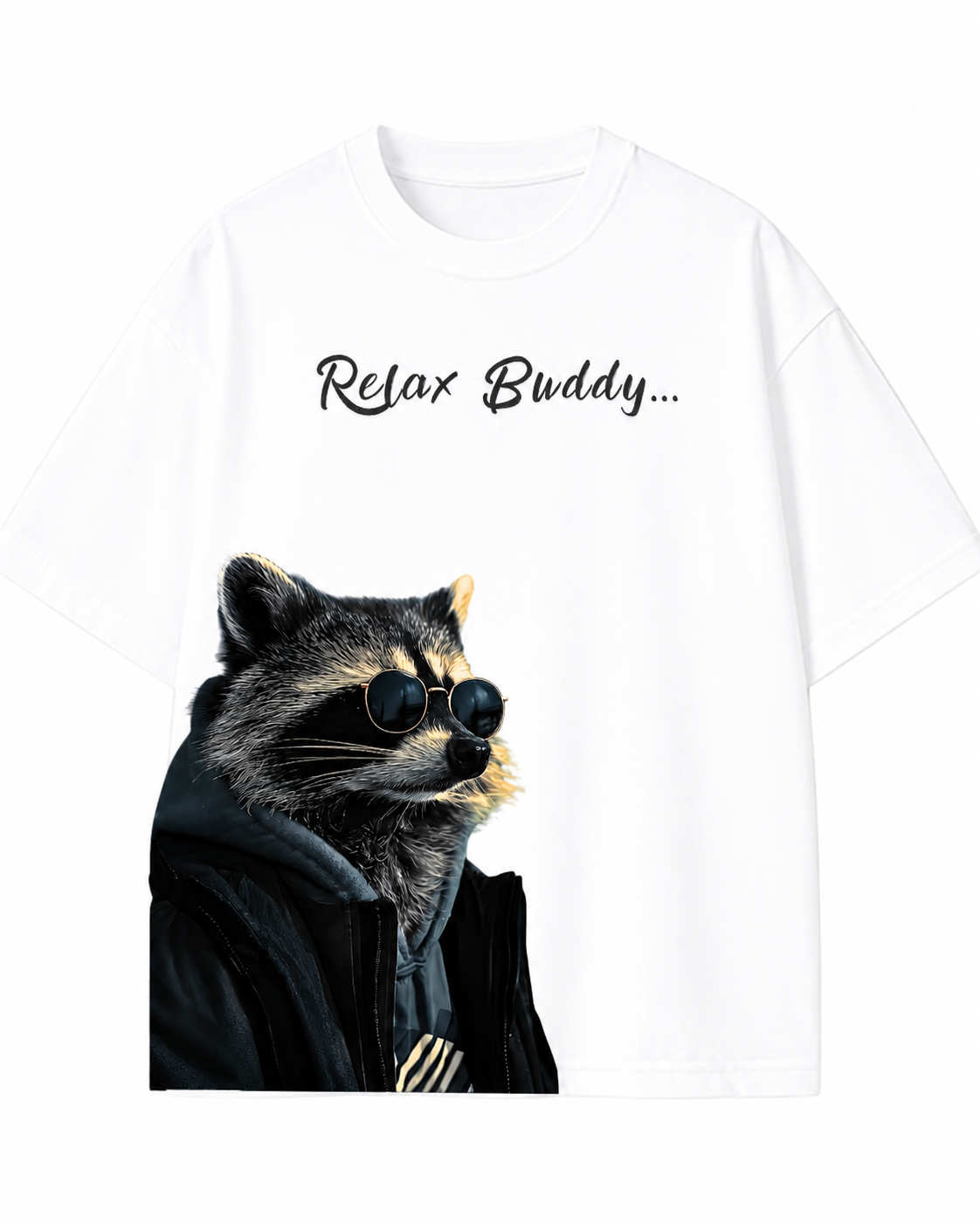 Women's Oversized Drop Shoulder Cotton T Shirt | Relax Buddy Raccoon