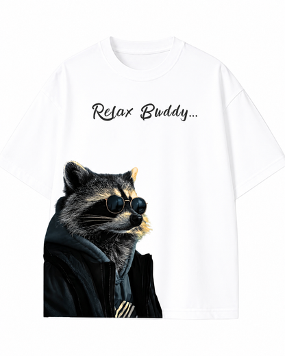Men's Oversized Drop Shoulder Cotton T Shirt | Relax Buddy Raccoon