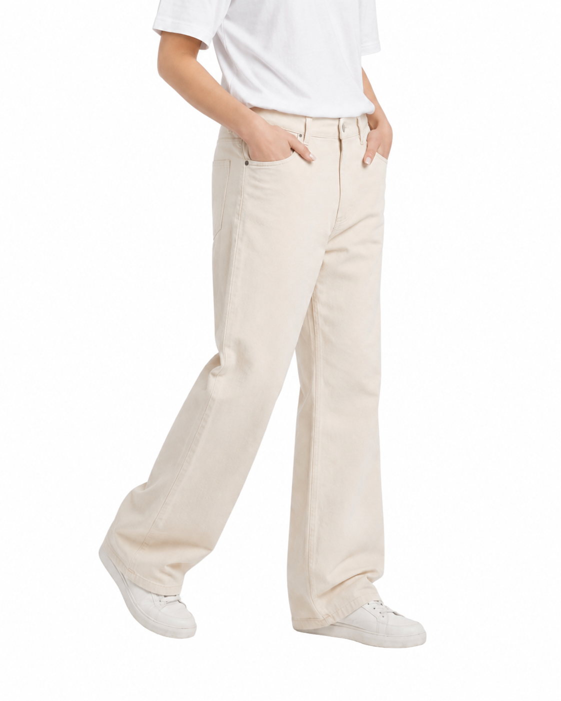 Women's Off White Twill Wide Leg Beggy Pant