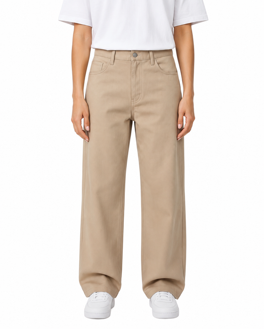Women's Beigh Twill Wide Leg Beggy Pant
