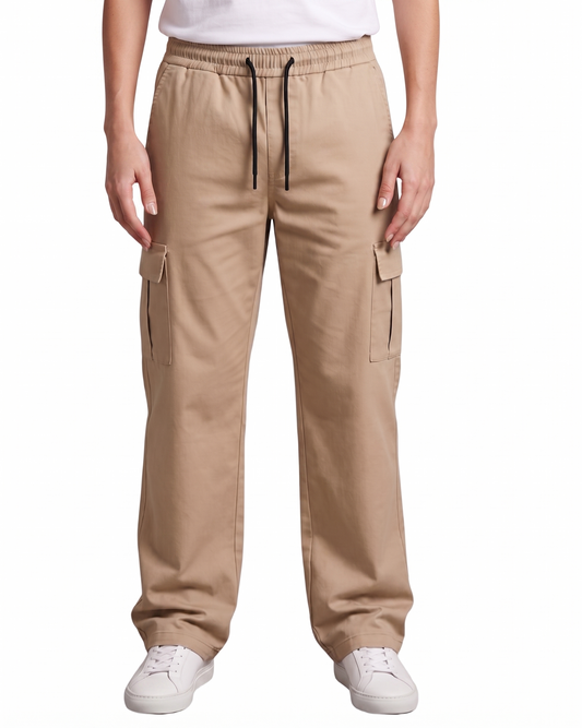 Women's Beige Canvas Wide-Leg Cargo Trousers