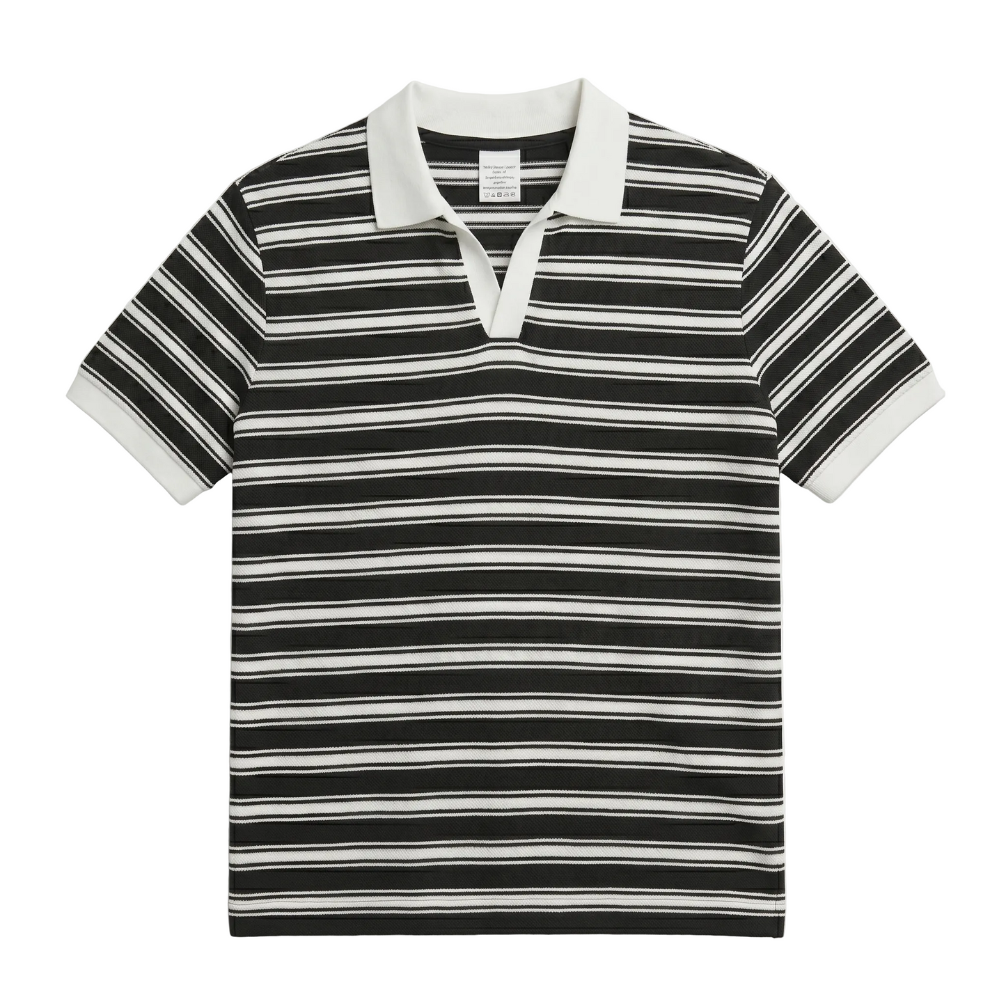 Black and white striped polo shirt on a white background