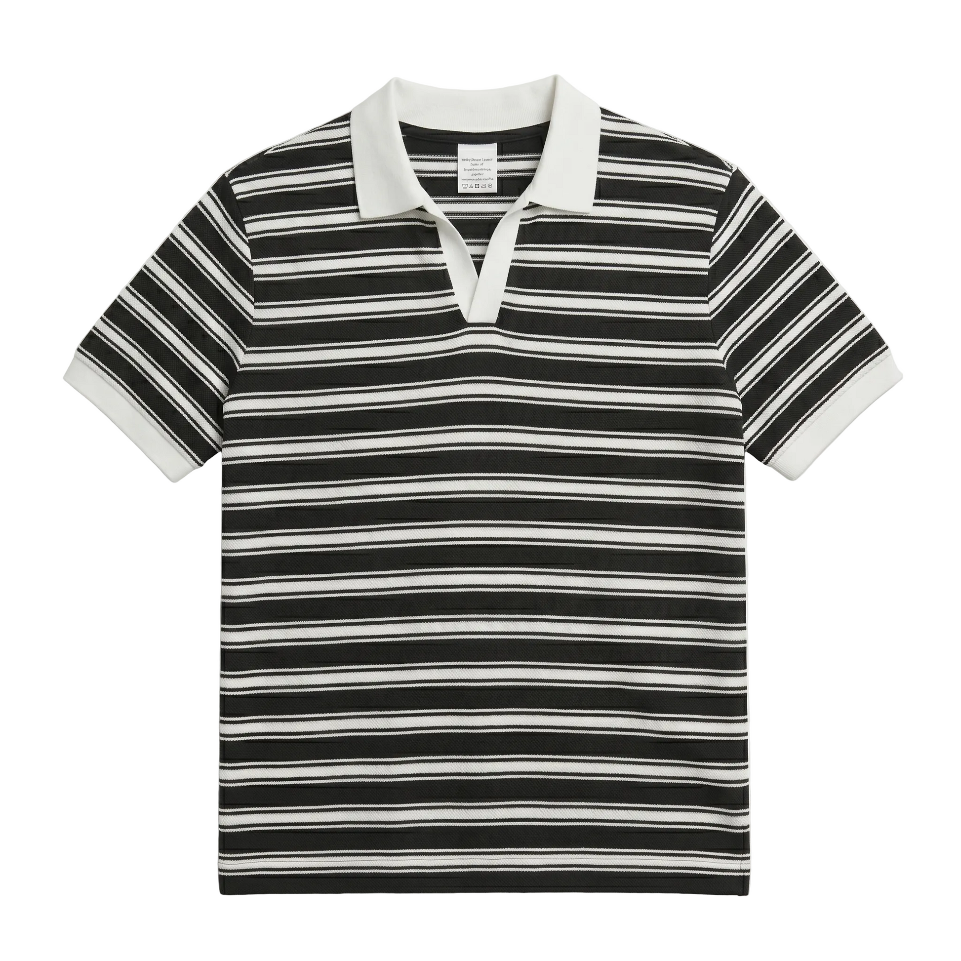 Black and white striped polo shirt on a white background