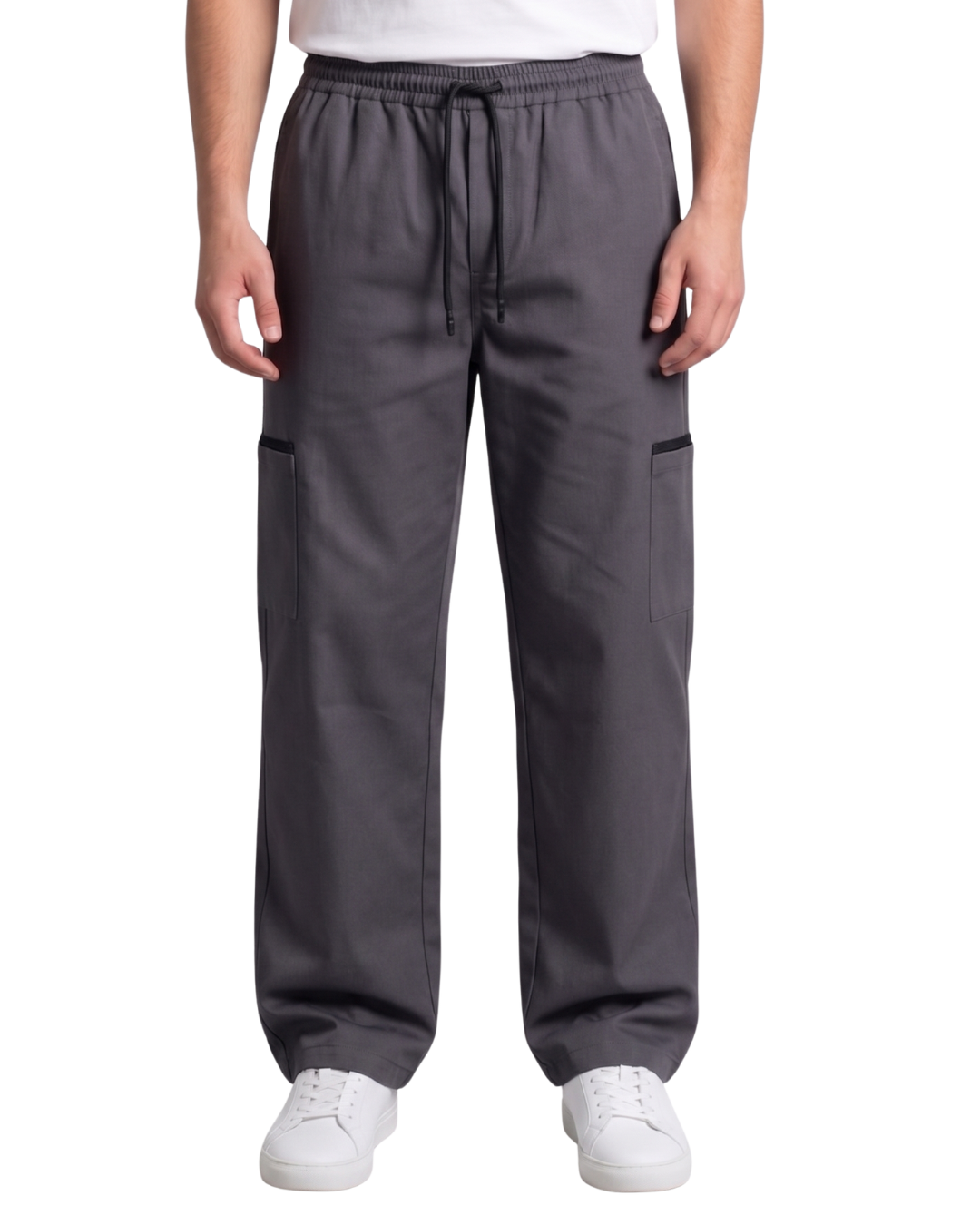 Men's Charcoal Grey Canvas Wide-Leg Cargo Trousers
