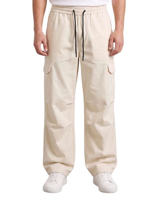 Men's Off-White Canvas Wide-Leg Cargo Trousers