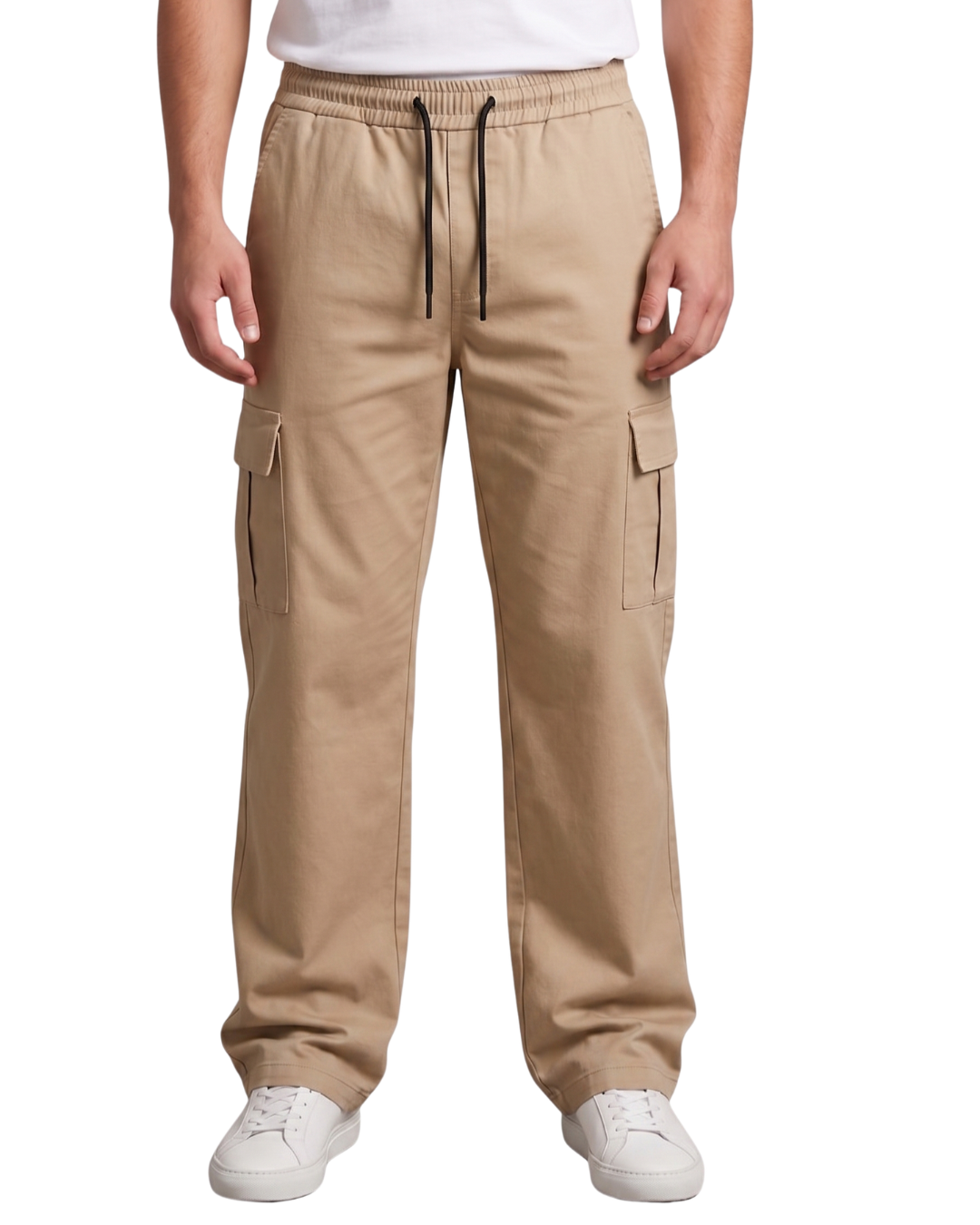 Men's Beige Canvas Wide-Leg Cargo Trousers