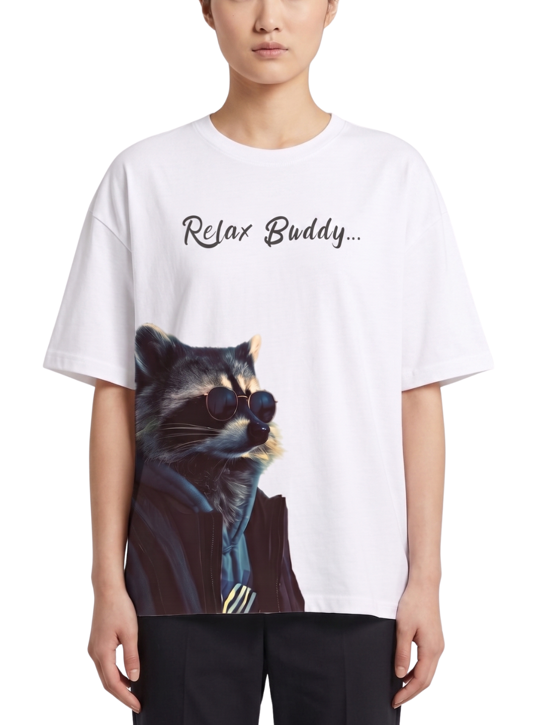 Women's Oversized Drop Shoulder Cotton T Shirt | Relax Buddy Raccoon