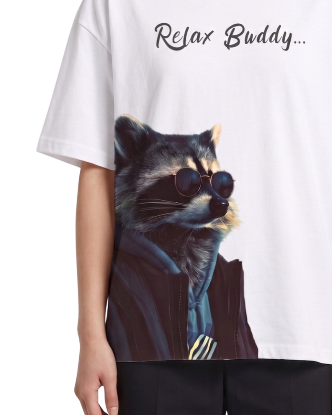 Women's Oversized Drop Shoulder Cotton T Shirt | Relax Buddy Raccoon