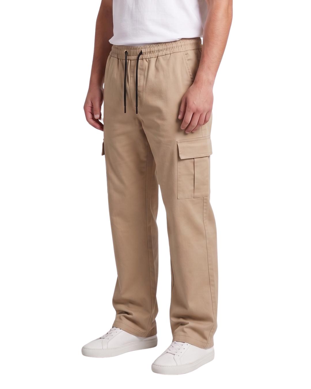 Men's Beige Canvas Wide-Leg Cargo Trousers