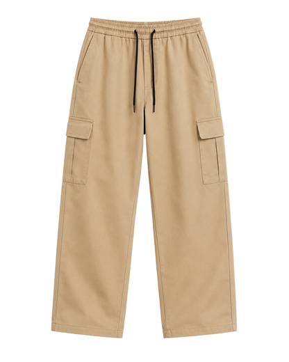 Men's Beige Canvas Wide-Leg Cargo Trousers