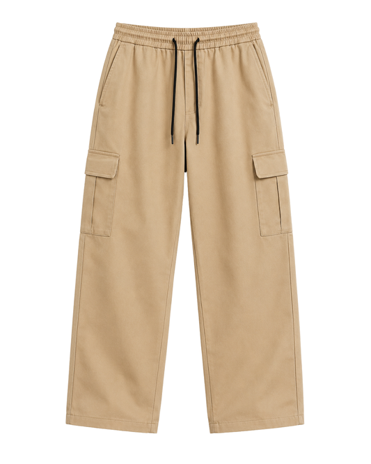Men's Beige Canvas Wide-Leg Cargo Trousers