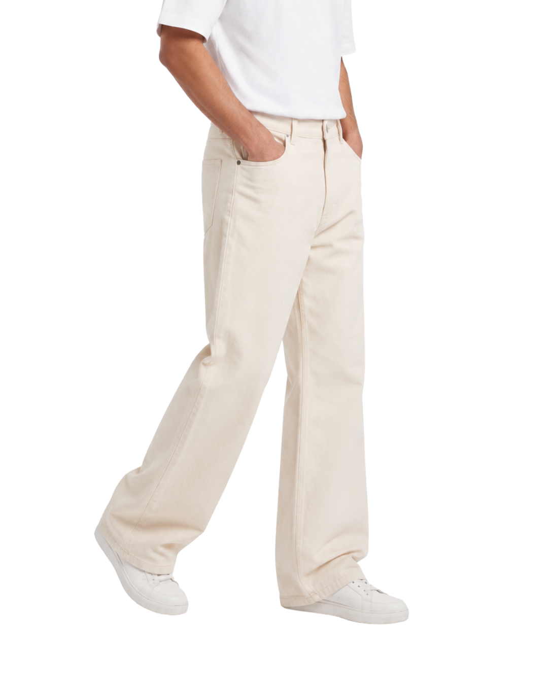 Men's Off White Twill Wide Leg Beggy Pant
