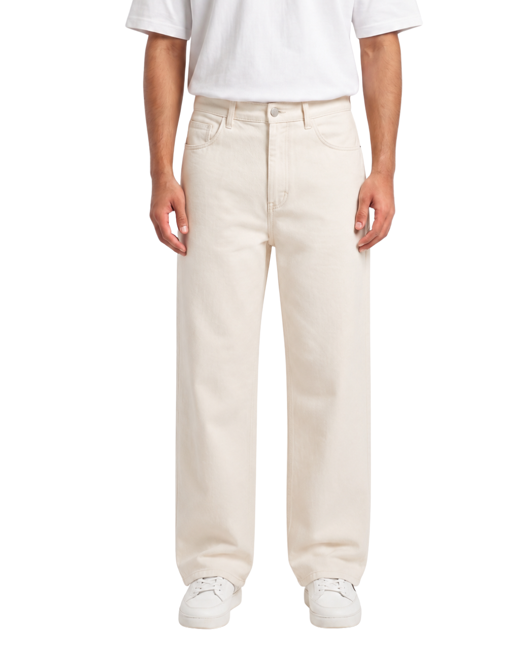 Men's Off White Twill Wide Leg Beggy Pant