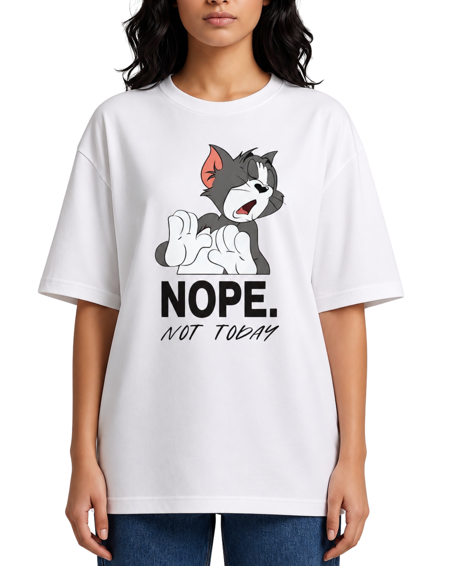 Women's Oversized Drop Shoulder Cotton T Shirt | Nope Not Today Cat