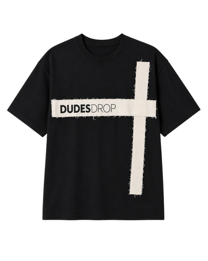 Men's Oversized Cross Patch Graphic Black T-Shirt