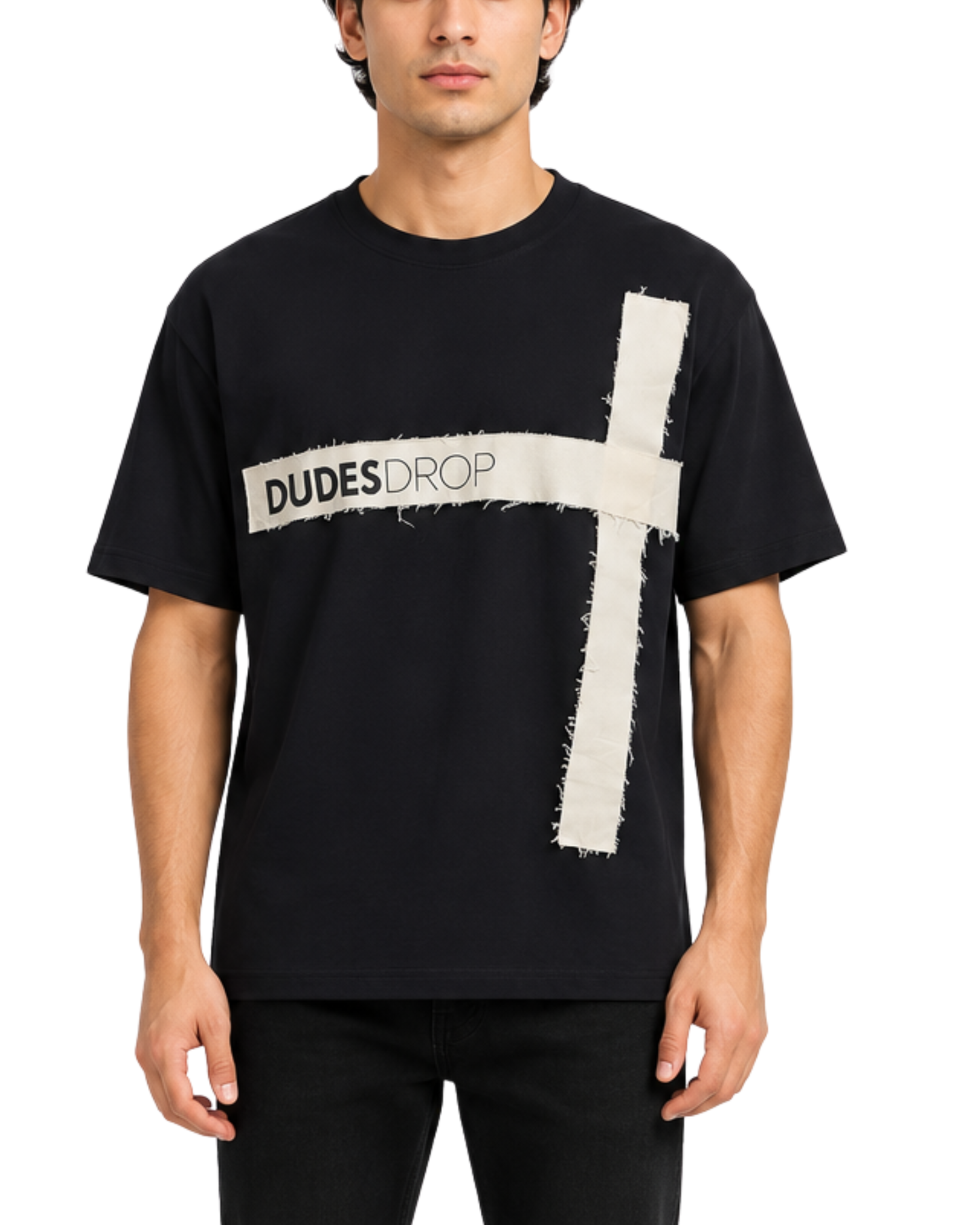 Men's Oversized Cross Patch Graphic Black T-Shirt