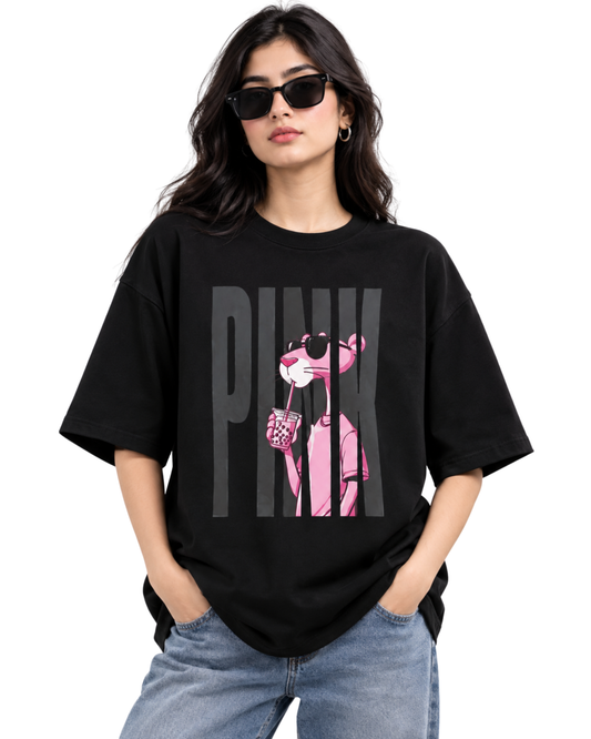 Women's Oversized Drop Shoulder Cotton T Shirt | Pink Panther