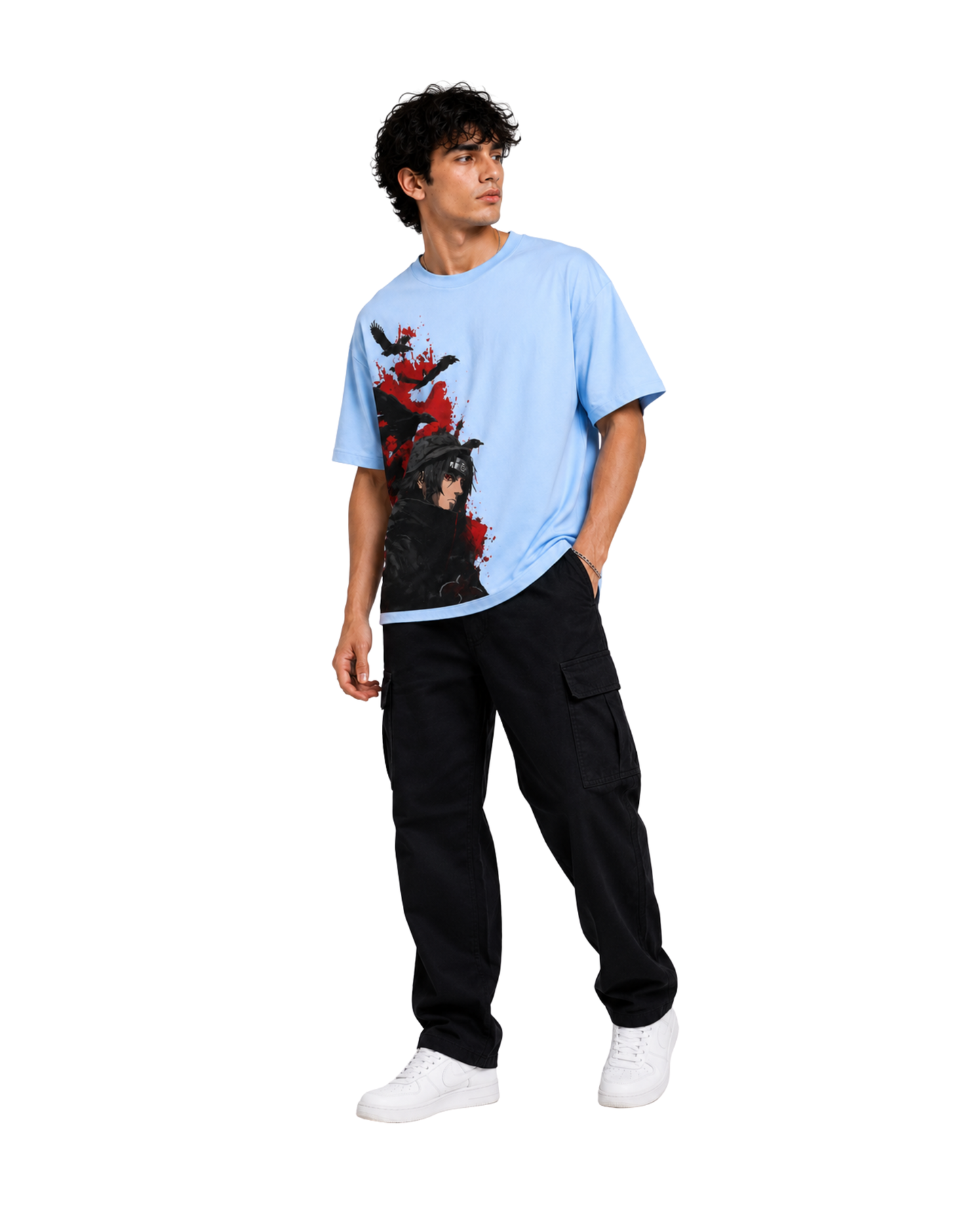 Men's Oversized Drop Shoulder Cotton T Shirt | Naruto Itachi Uchiha Anime Tee  Sky Blue