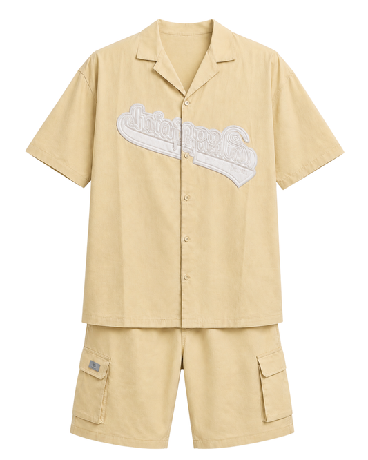 Men's Relaxed Fit Cuban Collar Shirt & Cargo Shorts Co-Ord Set Beige