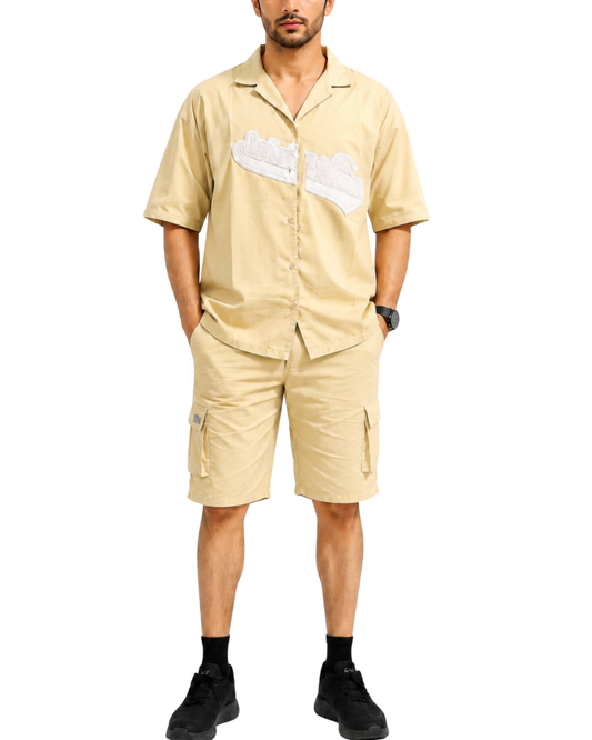 Men's Relaxed Fit Cuban Collar Shirt & Cargo Shorts Co-Ord Set Beige
