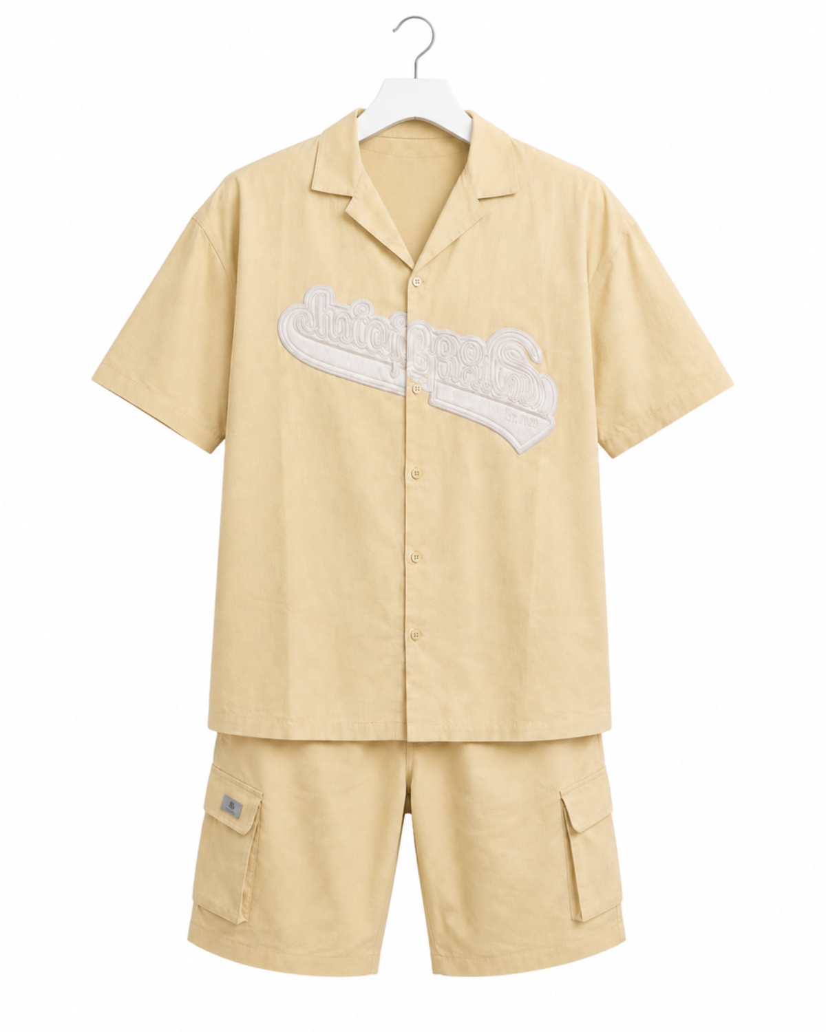 Men's Relaxed Fit Cuban Collar Shirt & Cargo Shorts Co-Ord Set Beige