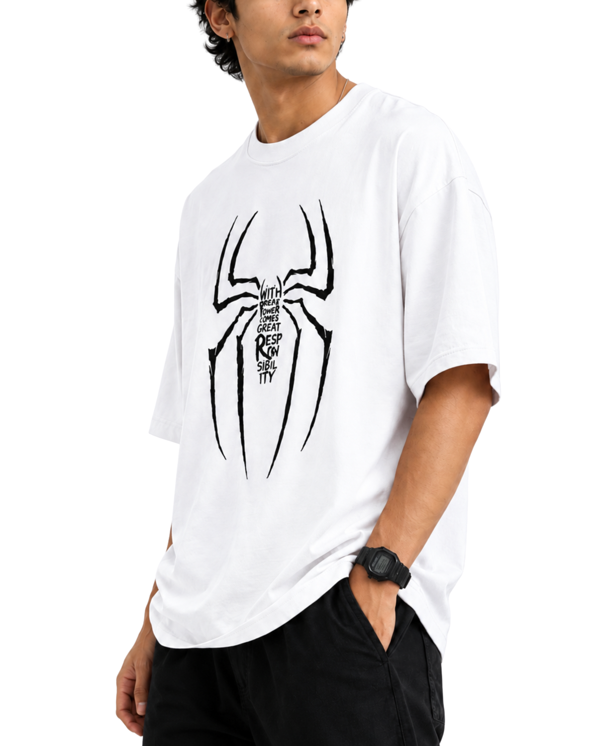 Men’s Oversized Drop Shoulder White Cotton T-Shirt | Spider