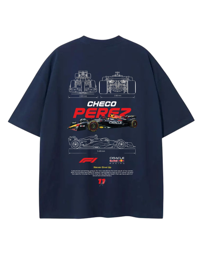 Men's Oversized Drop Shoulder Cotton  Navy Blue T Shirt | Checo Perez F1 Racing