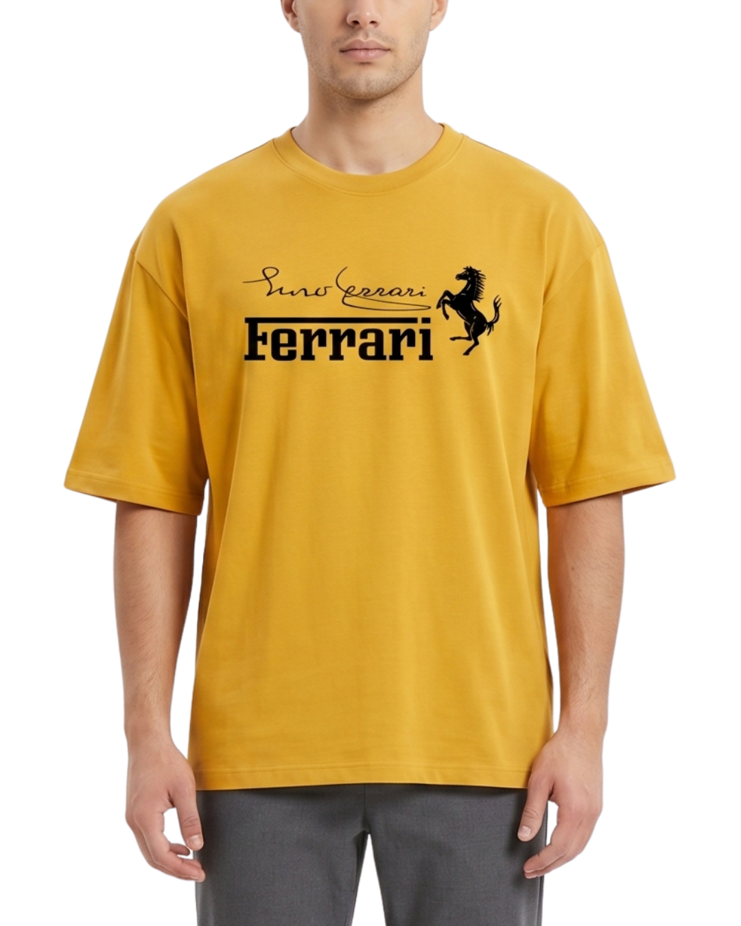 Men's Oversized Drop Shoulder Cotton T Shirt | Ferrari Logo Bold Streetwear