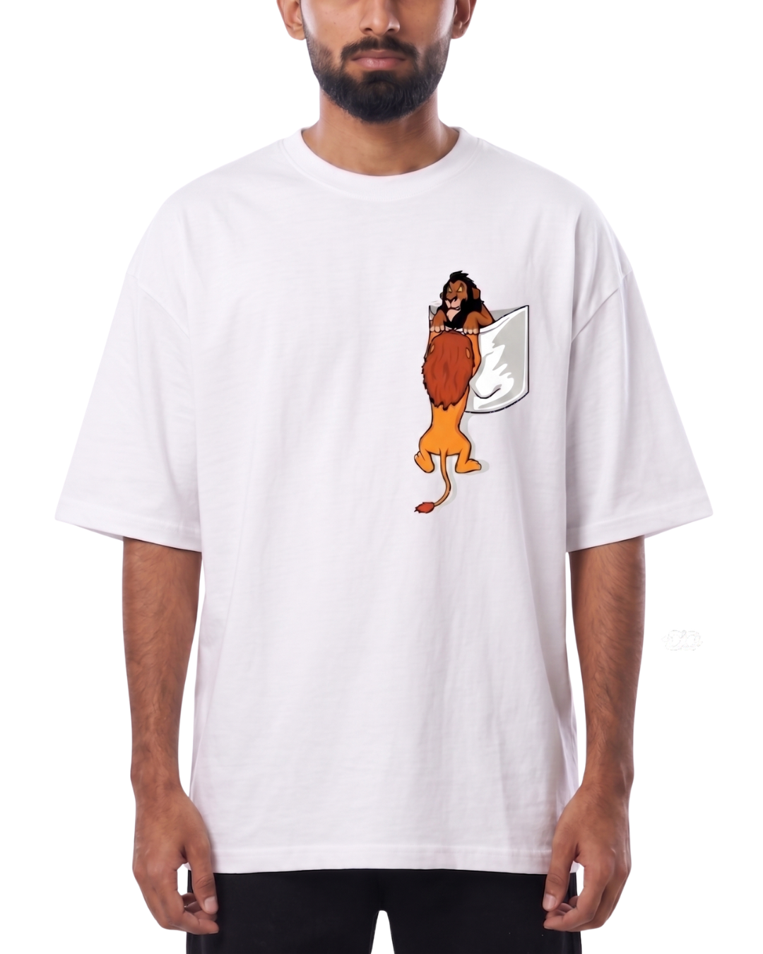 Men's Oversized Drop Shoulder Cotton T Shirt | Pocket Lion