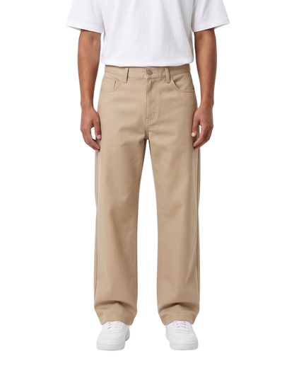 Men's Beige Twill Wide Leg Beggy Pant