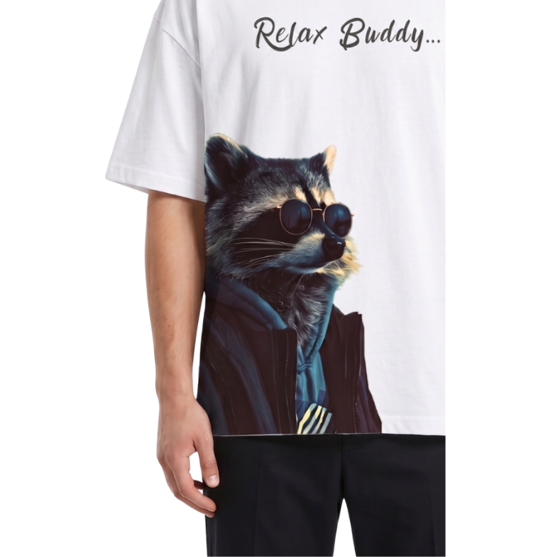 Men's Oversized Drop Shoulder Cotton T Shirt | Relax Buddy Raccoon
