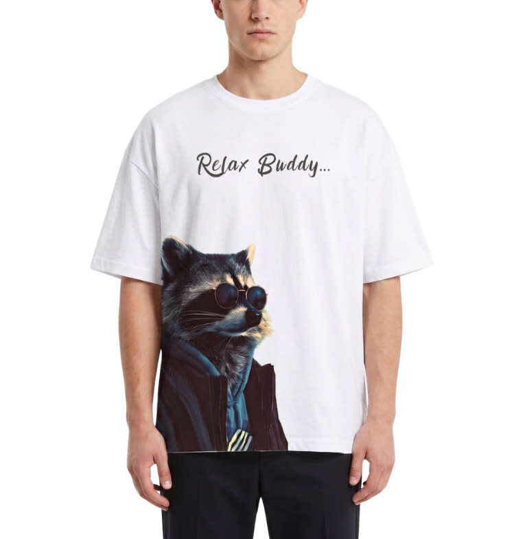 Men's Oversized Drop Shoulder Cotton T Shirt | Relax Buddy Raccoon