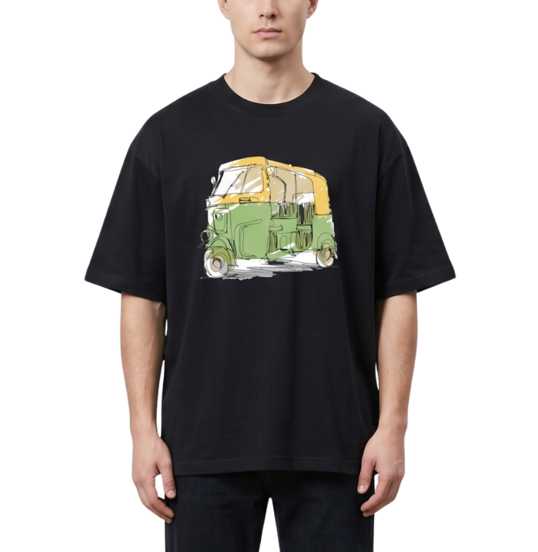 Men's Oversized Drop Shoulder Cotton T Shirt | Vintage Rickshaw Sketch