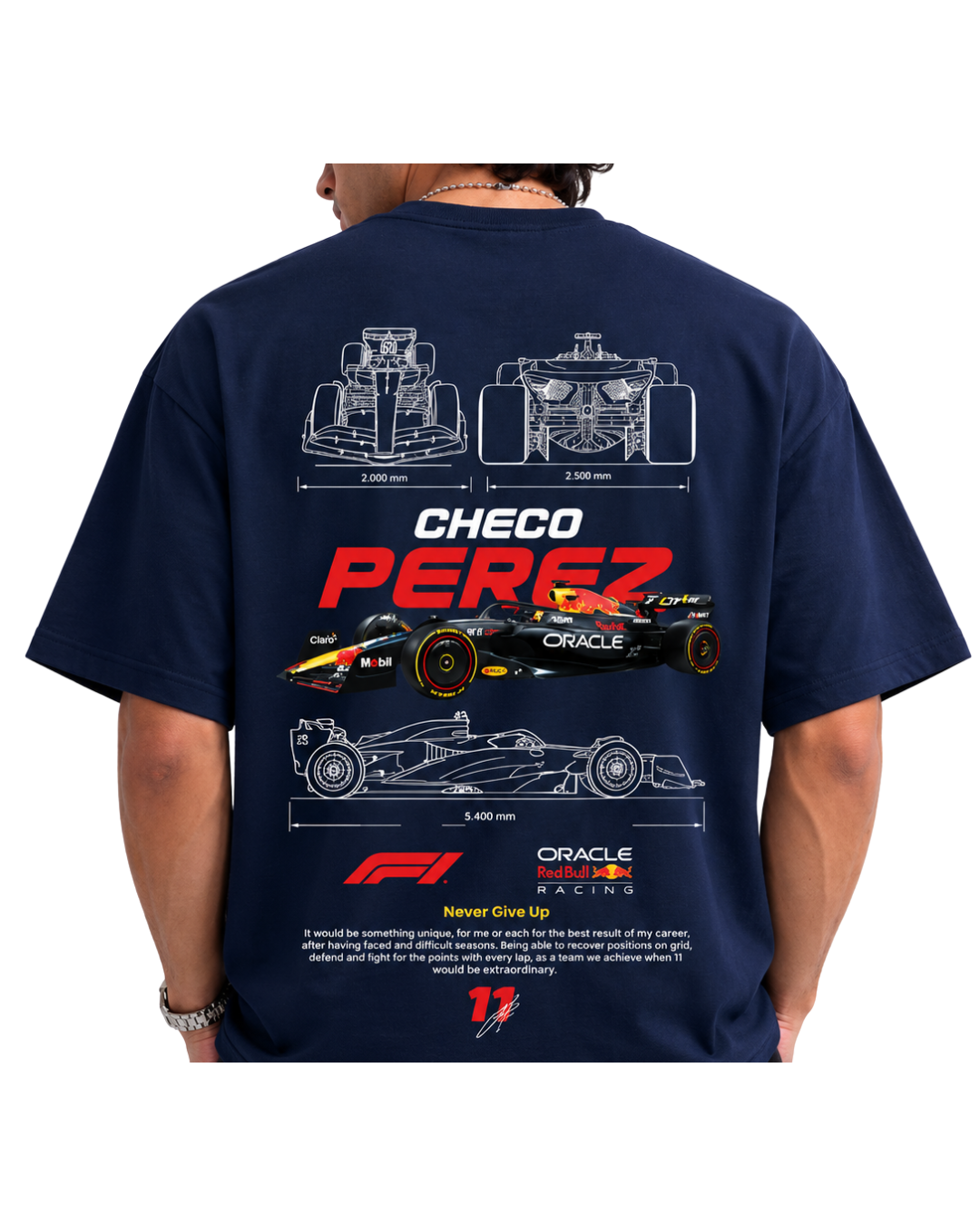 Men's Oversized Drop Shoulder Cotton  Navy Blue T Shirt | Checo Perez F1 Racing
